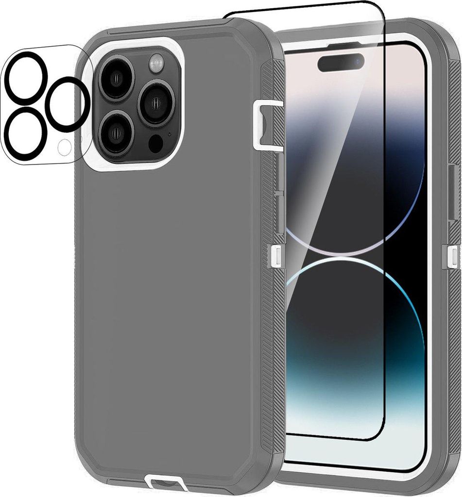 Stravo Heavy Duty Hülle für iPhone 14 Pro Max – 3-schichtig, stoßfest & staubdicht – inkl. Display- & Objektivschutz – Grau