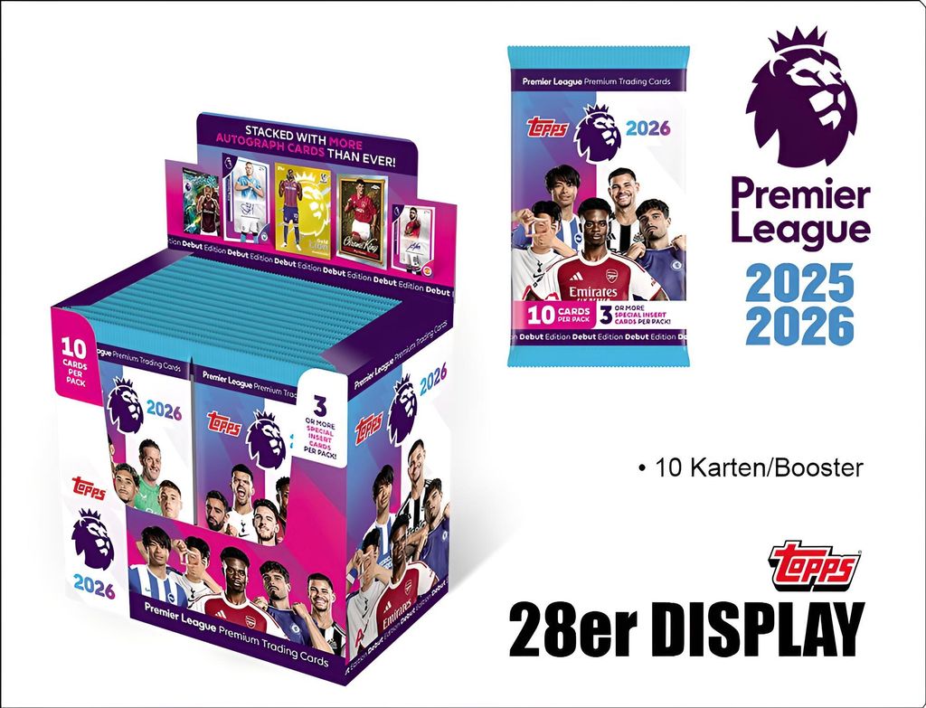 A display box of Topps Premier League 2025/26 trading cards, with a single pack shown separately, and branding.