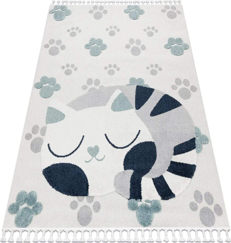 Tapis Enfant Structurel 140x190 cm - Motif Chaton Blanc et Gris YOYO