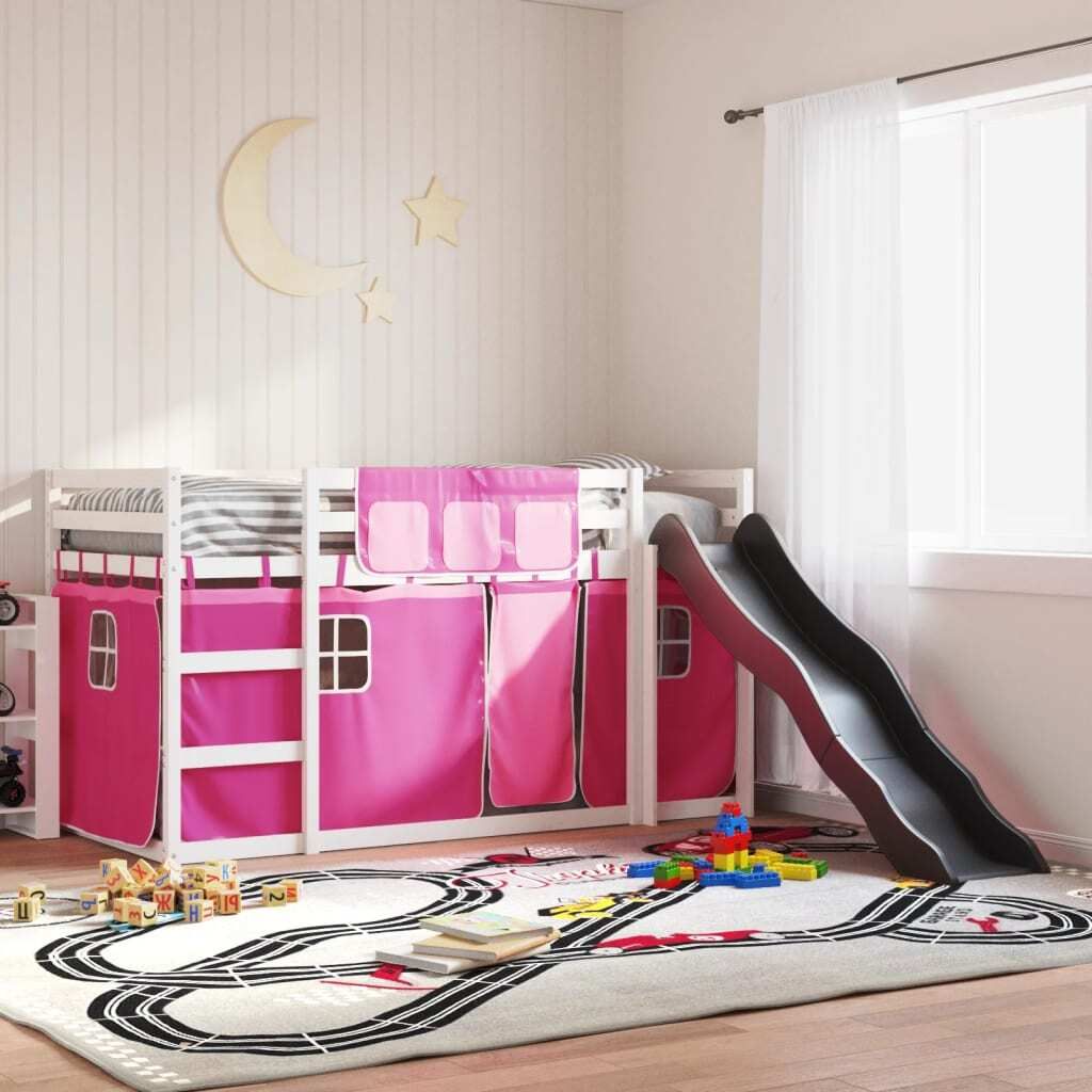 "WINTER SALE"Bettgestell/Etagenbett - Einzelbett/Jugendbett - Erwachsene/r / Kind - mit Rutsche und Gardinen Rosa 90x200cm - Klassische Betten NeuM...