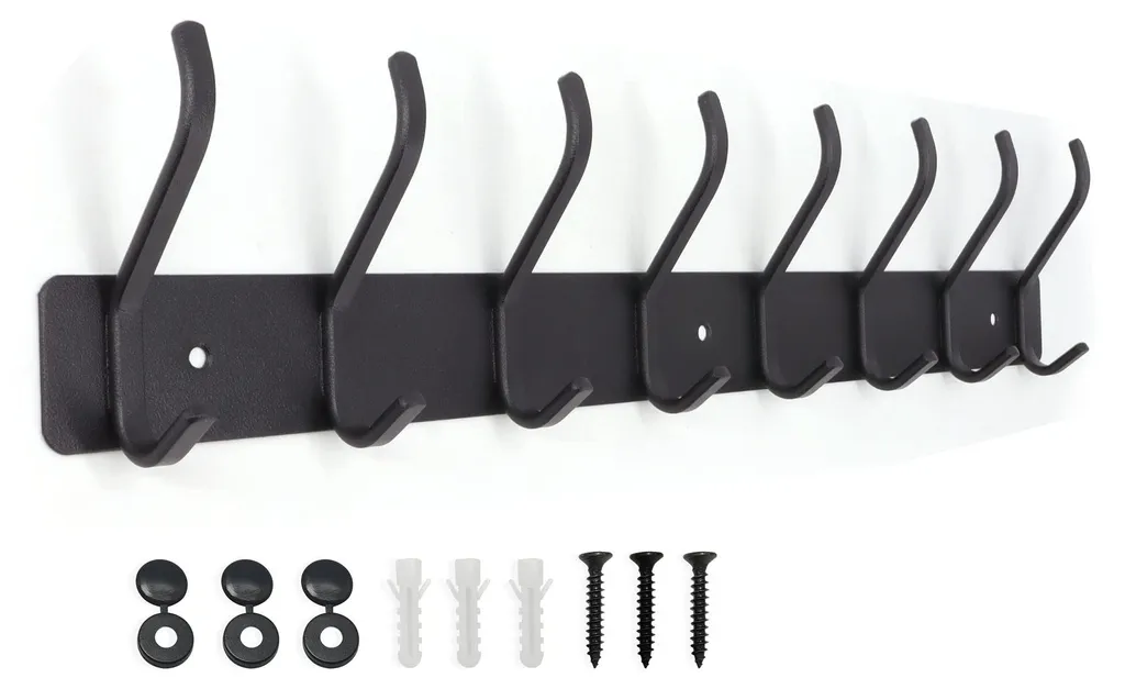 Patère Murale Noire à 8 Crochets en Acier pour Entrée et Bureau - 60cm