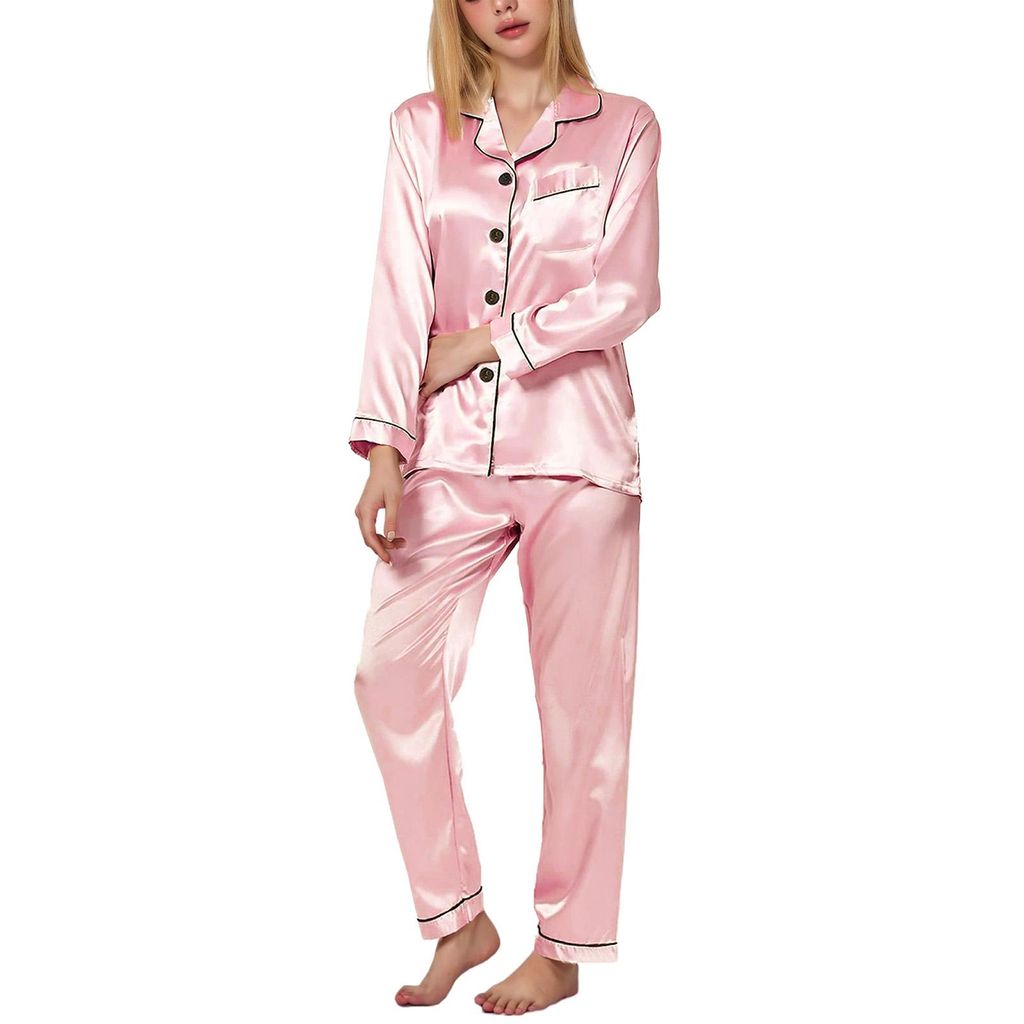 Satin Schlafanzug Damen, zweiteiliges Pyjama Damen Lange Produktbild 