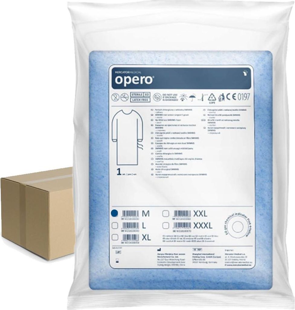Steriler OP-Kittel Größe M mit Manschette, zum Binden mit Bändern (SMMMS-Vliesstoff 35 g/m²), 50 Stück