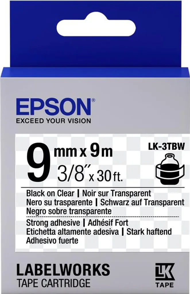 Cartouche Epson LK-3TBW 9mm Noir Transparent avec Adhésif Puissant LC