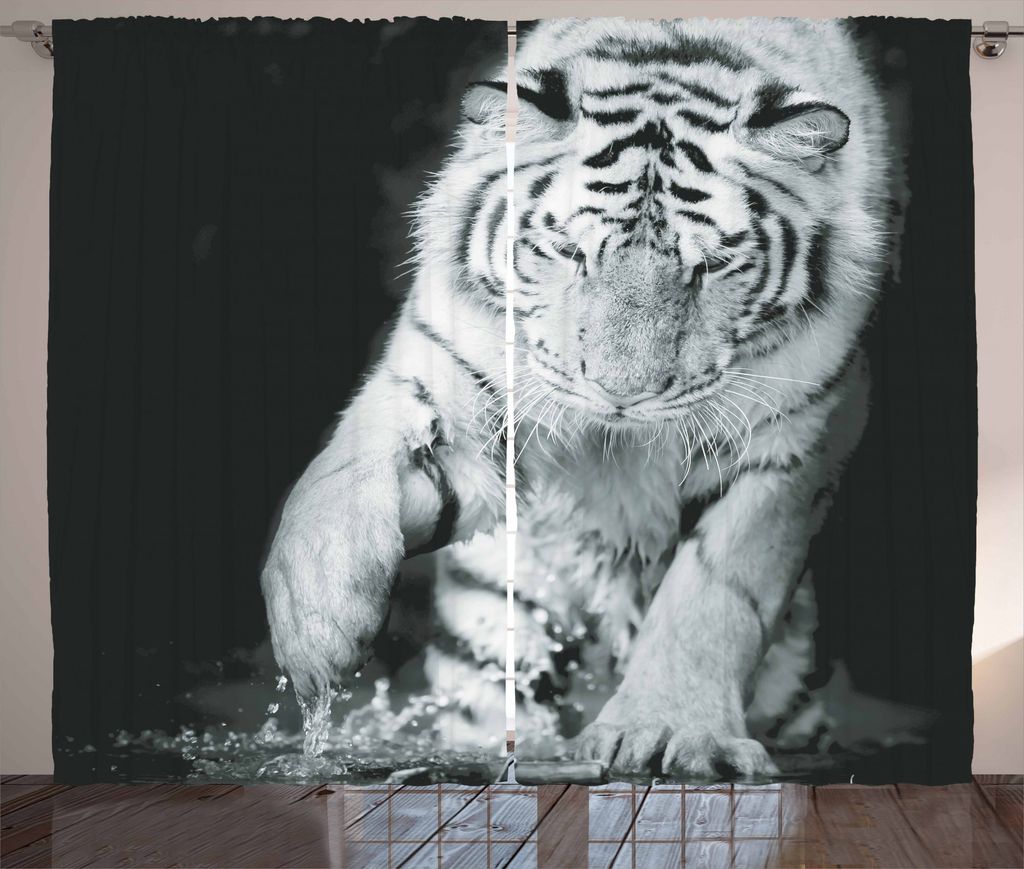 ABAKUHAUS Tiger Rustikaler Vorhang, Große Katze spielt in Wasser, Wohnzimmer Universalband Gardinen mit Schlaufen und Haken, 280 x 175 cm, Schwarz...