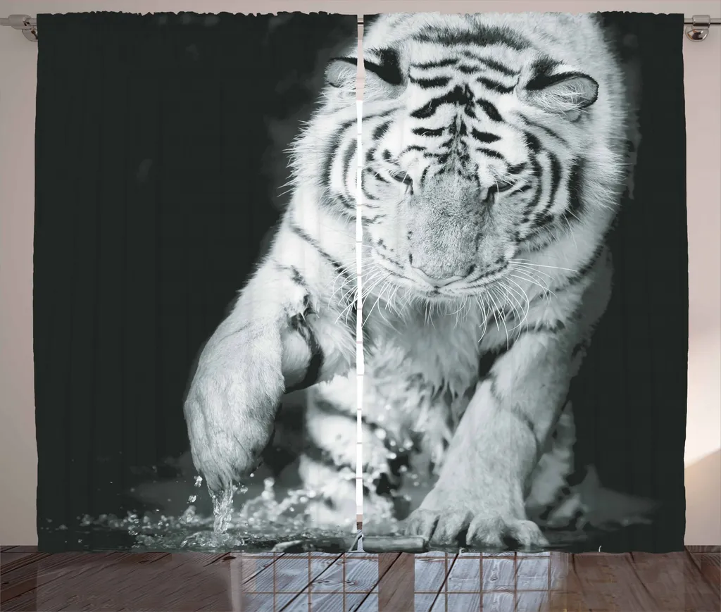 Rideau de chambre à ruban froncé motif Tigre Gris Noir 280x225 cm