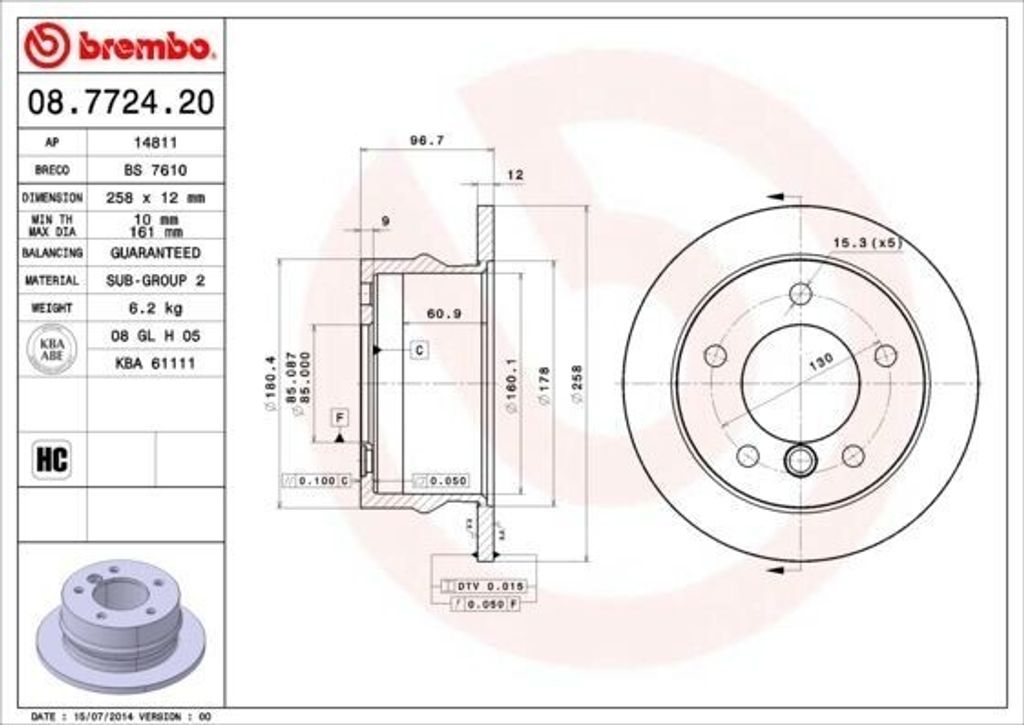 BREMBO 08.7724.20 - OE 9014230812 Bremsscheibe für G-Klasse (W463), Sprinter (W901, W902), Sprinter (W903), Sprinter (W904)