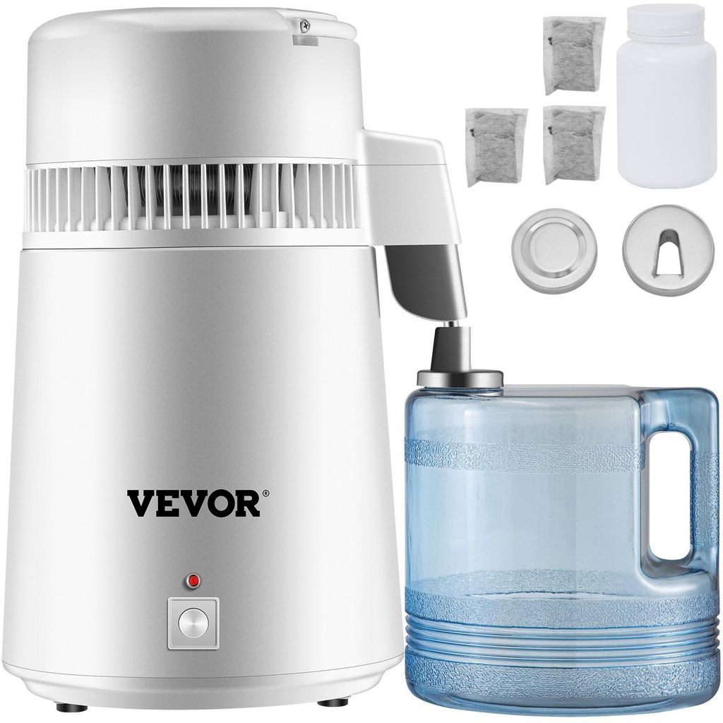 A white water distiller with a blue collection jug and accessories on a white background.