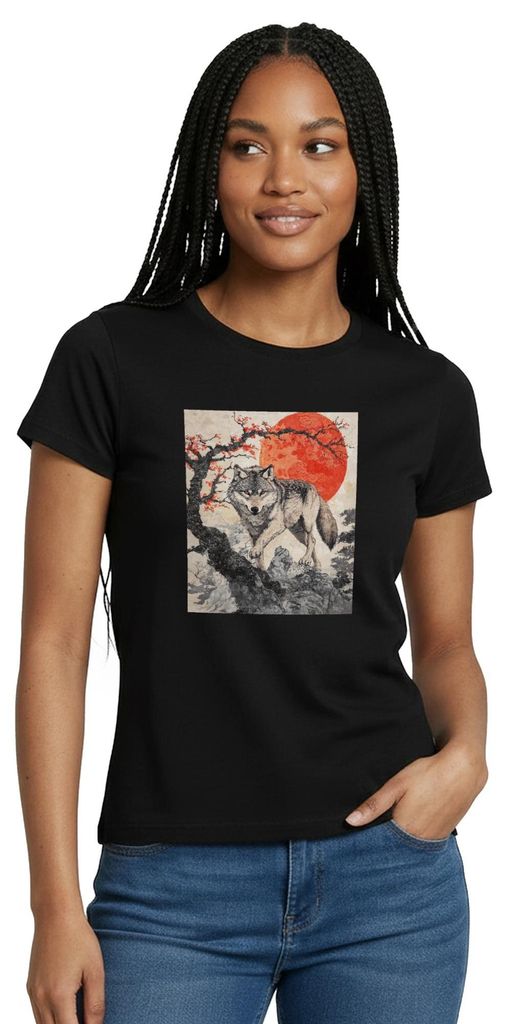 Spreadshirt Wolf Vor Roter Sonne | Japanischer Stil Frauen T-Shirt, L, Schwarz