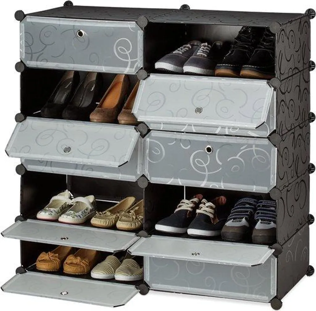 Grand meuble de rangement chaussures noir avec 10 cases et battants