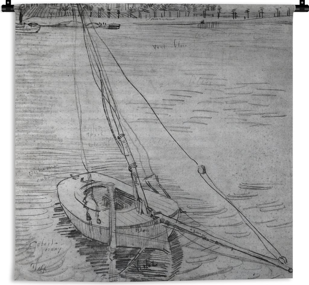 MuchoWow Wandteppich Wandbehang Segelboot auf der Seine bei Asnières - Vincent van Gogh - Schwarz und weiß 60x60 cm Tapisserie Dekoration Wandt...