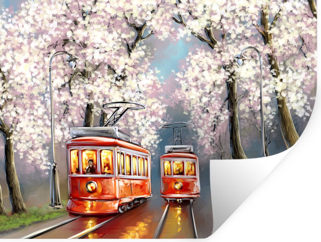 MuchoWow Wandtattoo Wandsticker Wandaufkleber Gemälde - Ölgemälde - Straßenbahn - Blühender Baum 120x90 cm Selbstklebend und Repositionierba...