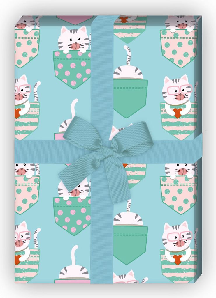 Lustiges Kinder Geschenkpapier, hellblau türkis, mit kleinen Katzen - G12317, 32 x 48cm