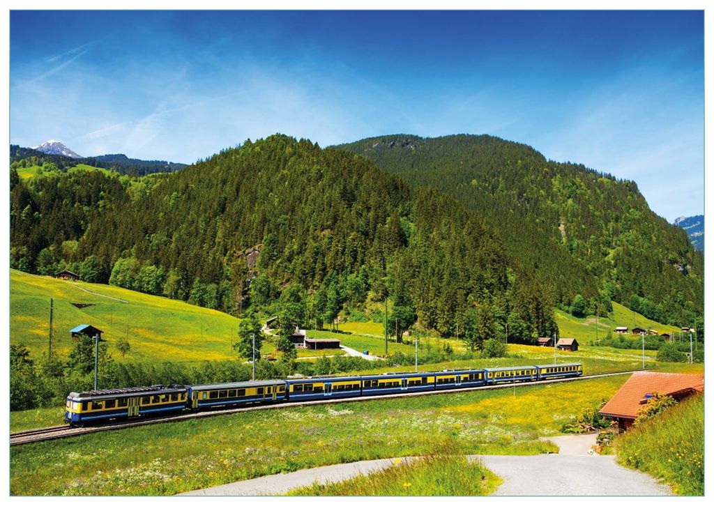 Wallario Premium Glasbild, freischwebende Optik, kräftige Farben, Größe 100 x 70 cm Motiv Eisenbahn in einer Sommerlandschaft in der Schweiz