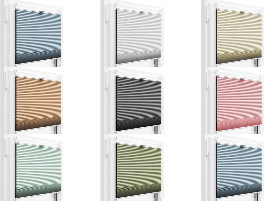 A collage of different colored pleated blinds, each shown in a white frame.