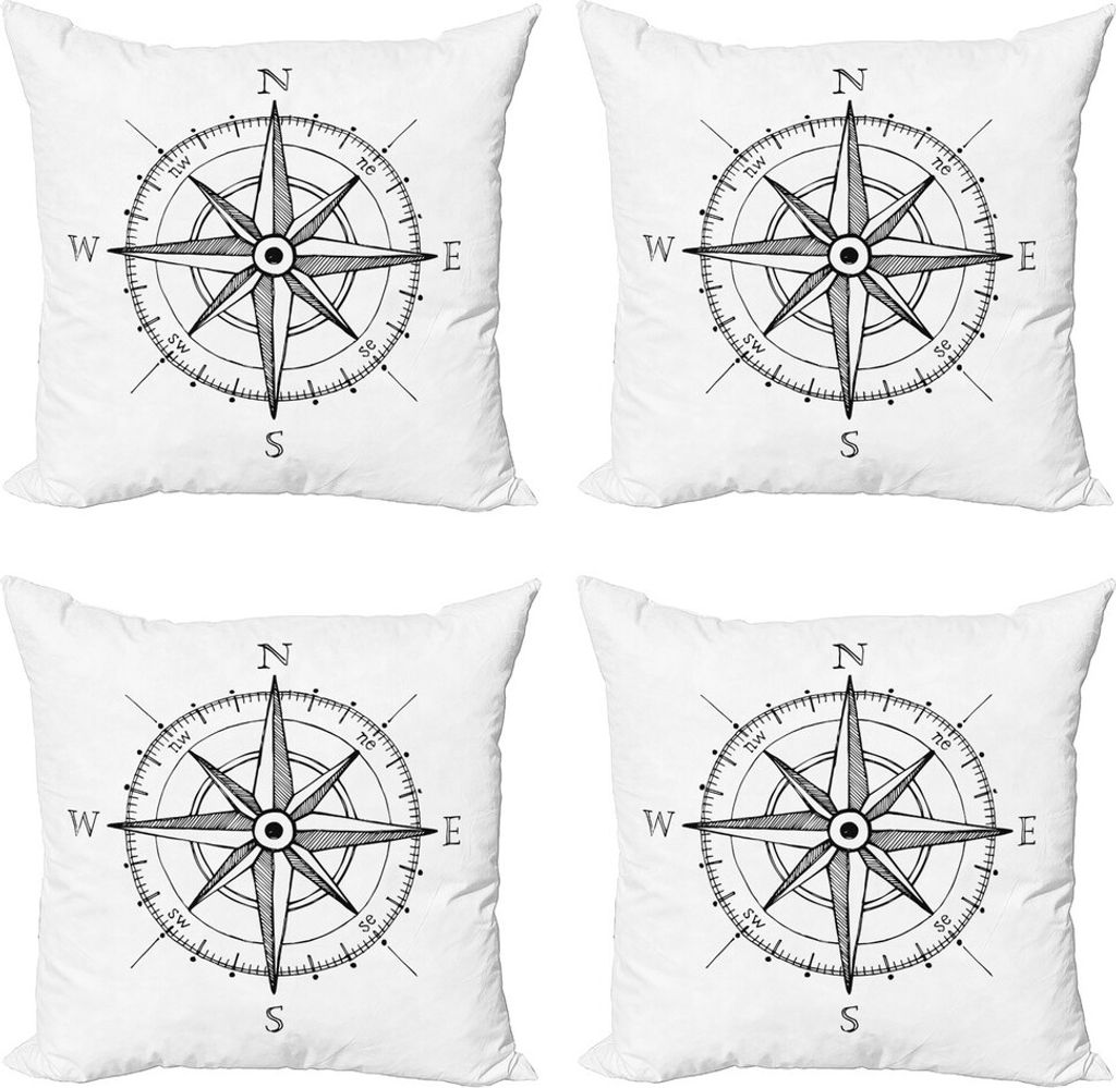 ABAKUHAUS Kompass Kissenbezug Set (4 Stück), Windrose Wegbeschreibung, Moderner Doppelseitiger Digitaldruck, 45 cm x 45 cm, Schwarz-Weiss