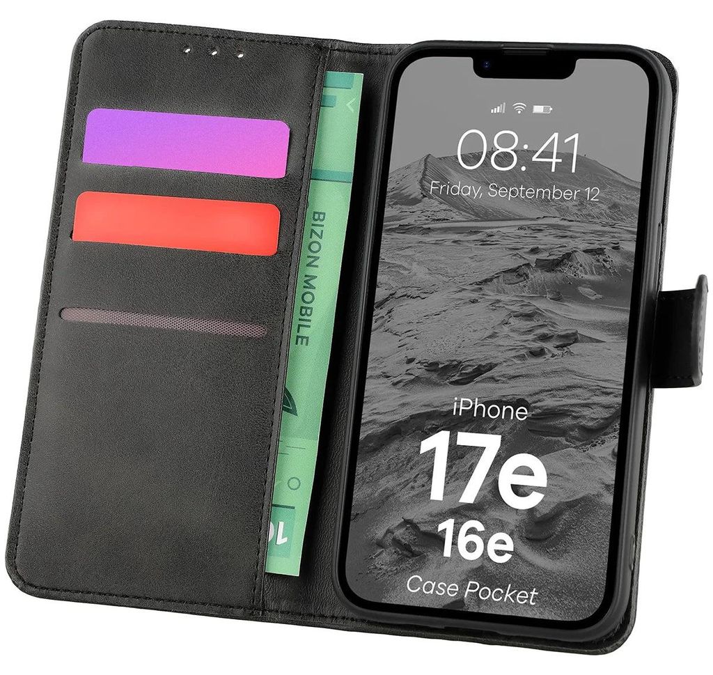 Handyhülle mit Klappe für iPhone 17e / 16e, Bizon Case Pocket, Schwarz
