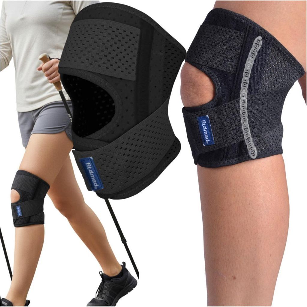 Collage of a person wearing a knee brace while hiking and a close-up of the knee brace.