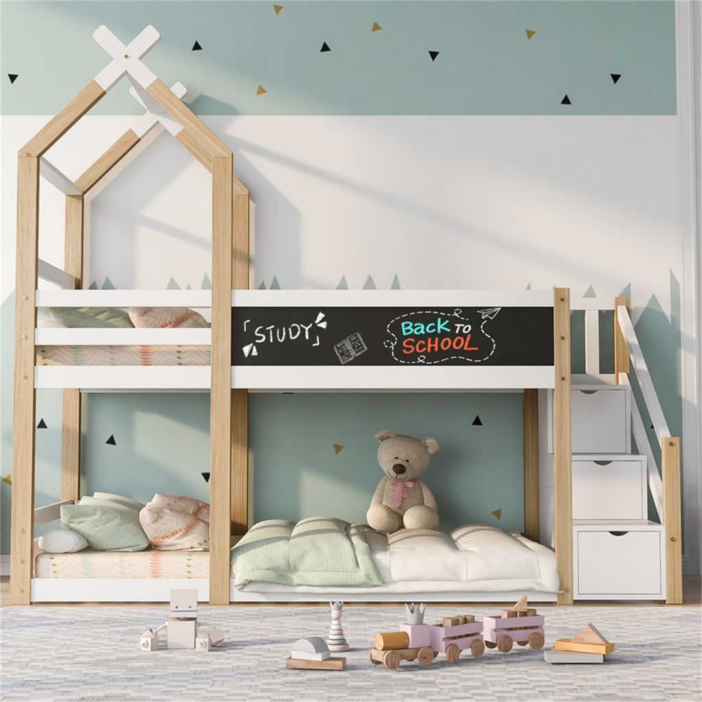 Jugendbett Kinderbett Baumhaus inkl.Tafel Bett mit Speicherung und Rausfallschutz 90 x 200 cm, Hochbett für Kinder– 2x Lattenrost