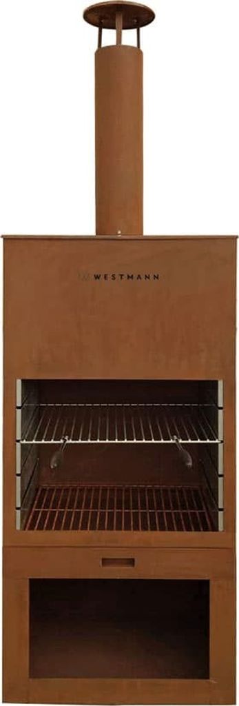 A freestanding metal grill with a chimney, shown against a white background.