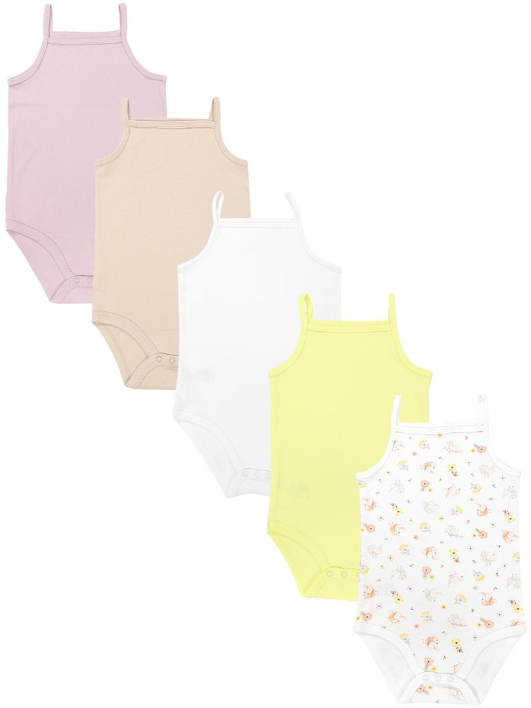 TupTam Body Baby Mädchen 5er Set – Sommer Body Baby mit Spaghettiträgern aus 100% Baumwolle, Farbe: Pink_Beige_Gelb_Vögel, Größe: 68
