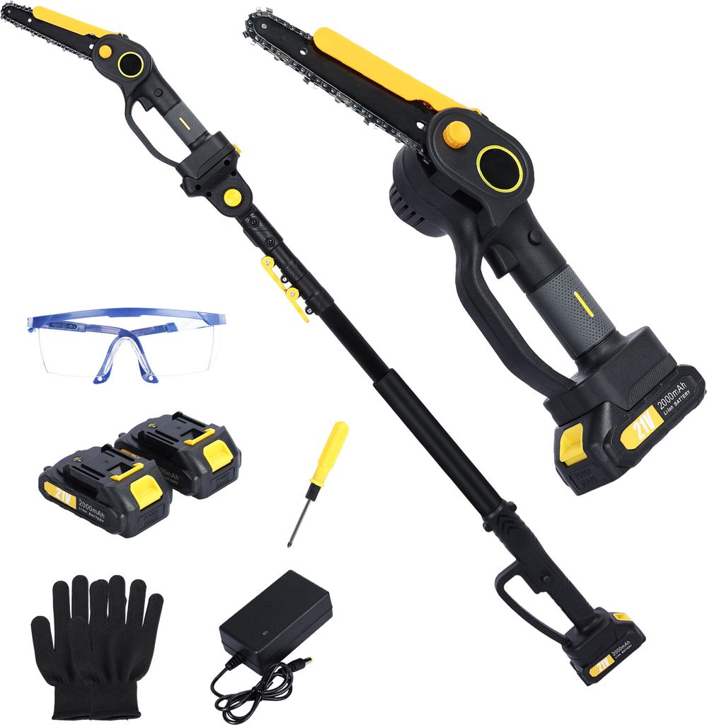 2-in-1 Akku-Stangensäge & Mini-Kettensäge, bürstenlose Elektro-Kettensäge mit 2 x 2.0Ah Akku, 4.9-7.5ft verstellbare Stangensäge für Baumbesc...