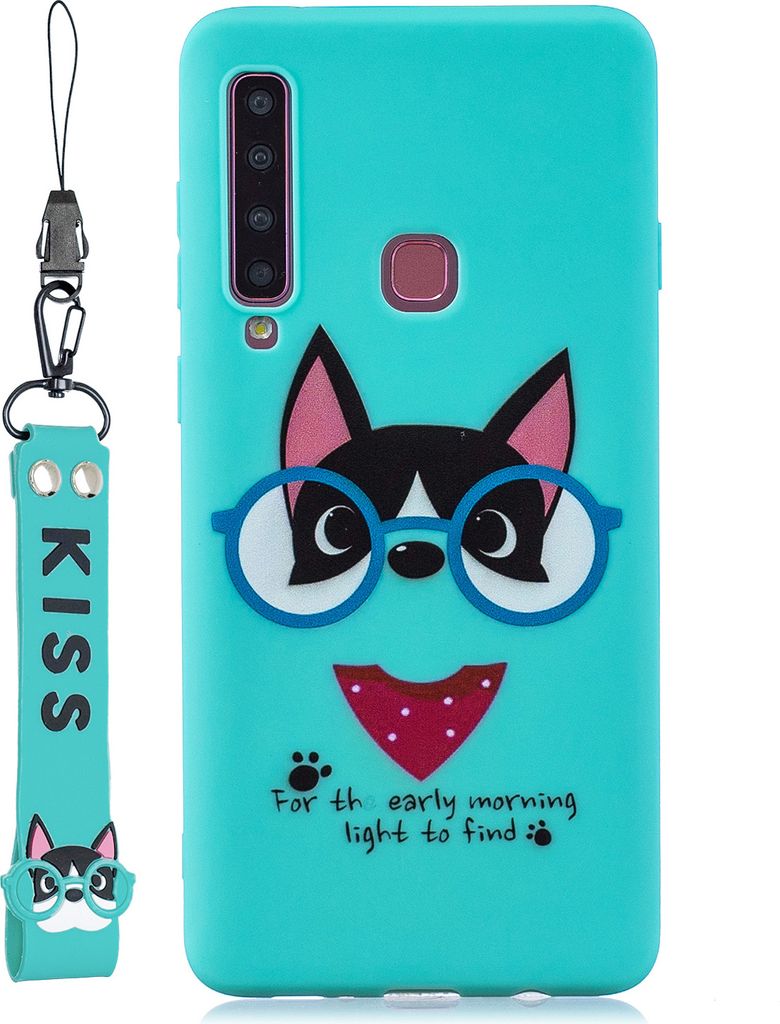 Für Samsung A9 2018 Cartoon Lovely Coloured Painted Soft TPU Rückendeckung rutschfest Full Protective Case mit Lanyard Light blau