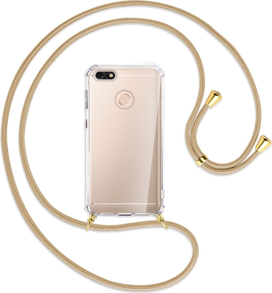Handykette Backcover-Schutzhülle mit Band (Metall goldfarben) für Huawei P9 lite mini, Y6 Pro 2017 - caramel