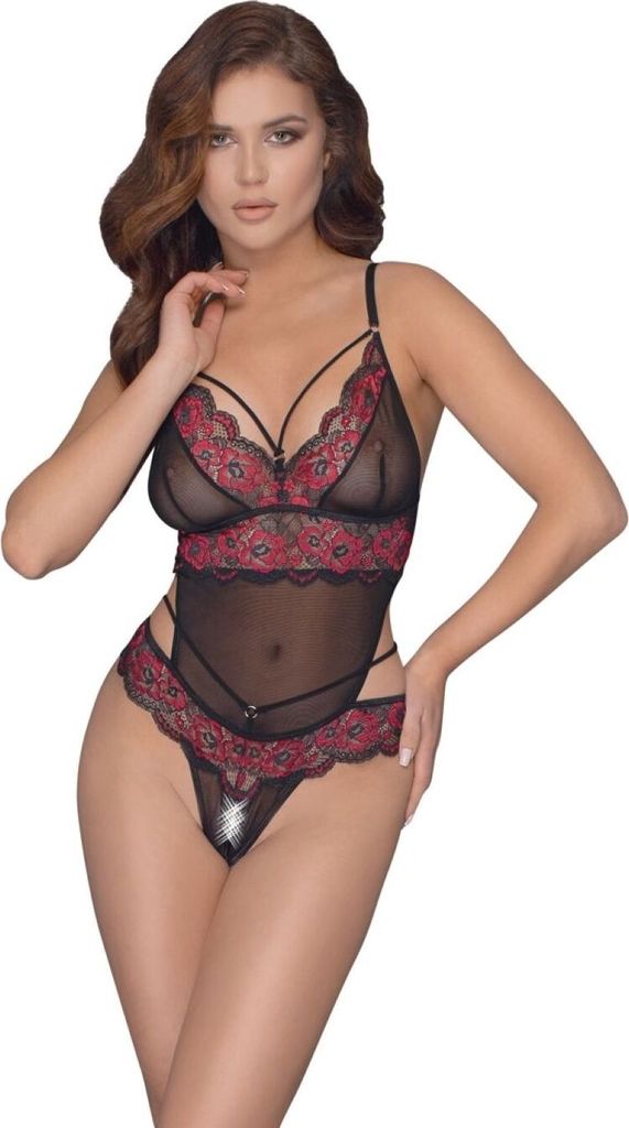 Spitzen-String-Bodysuit im Schritt - Schwarz/Rot Produktbild 