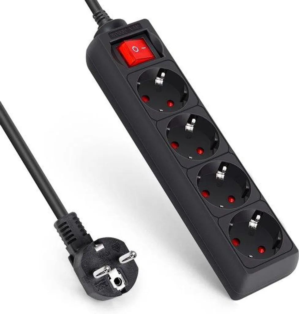 Multiprise 4 prises pour bureau ou salon, cordon 3m et interrupteur - Noir