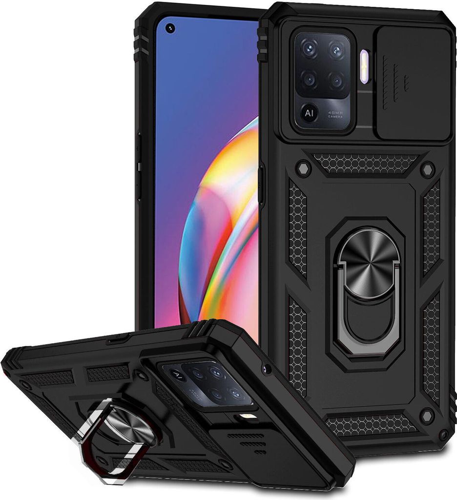 OPPO A94 4G / F19 Pro Hülle mit Schiebe Kamera Schutz und Ringhalter Ständer Robust Rüstung Schutzhülle für OPPO A94 4G / F19 Pro Schwarz
