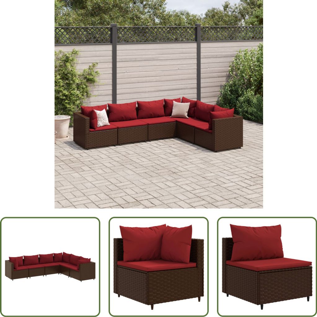 The Living Store 6-tlg. Garten-Lounge-Set mit Kissen Braun Poly Rattan