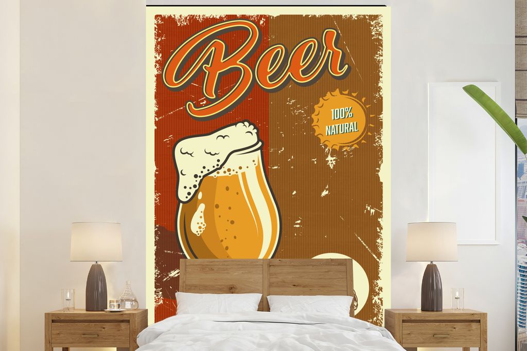 MuchoWow Fototapete für Wohnzimmer oder Schlafzimmer Wandtapete Vinyl Motivtapete Mannshöhle - Bier - Vintage - Zeichnung - 160x240 cm - Vinylt...