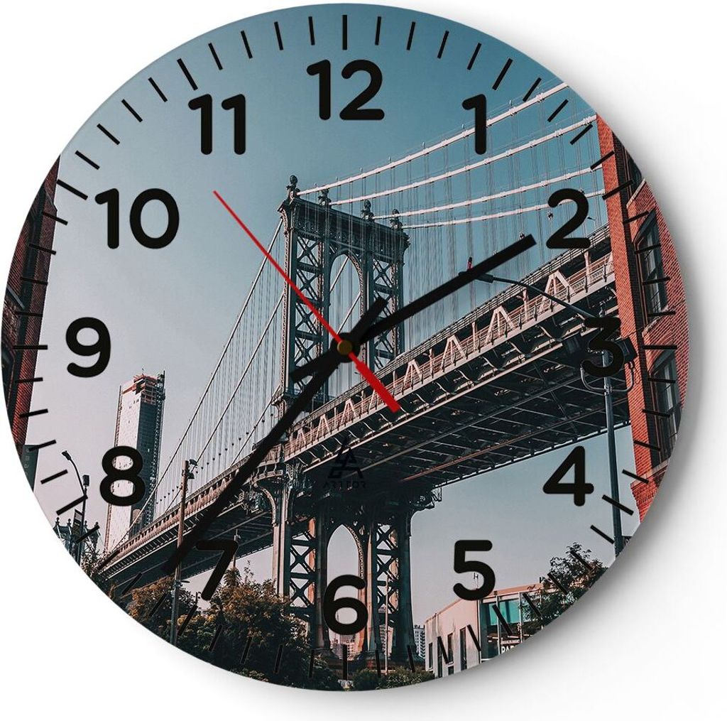 Wanduhr - Rund - Glasuhr - Manhattan Brücke Brücke - 40x40cm - Schleichendes Uhrwerk - Lautlos - zum Aufhängen bereit - Dekoration Modern - Wand...