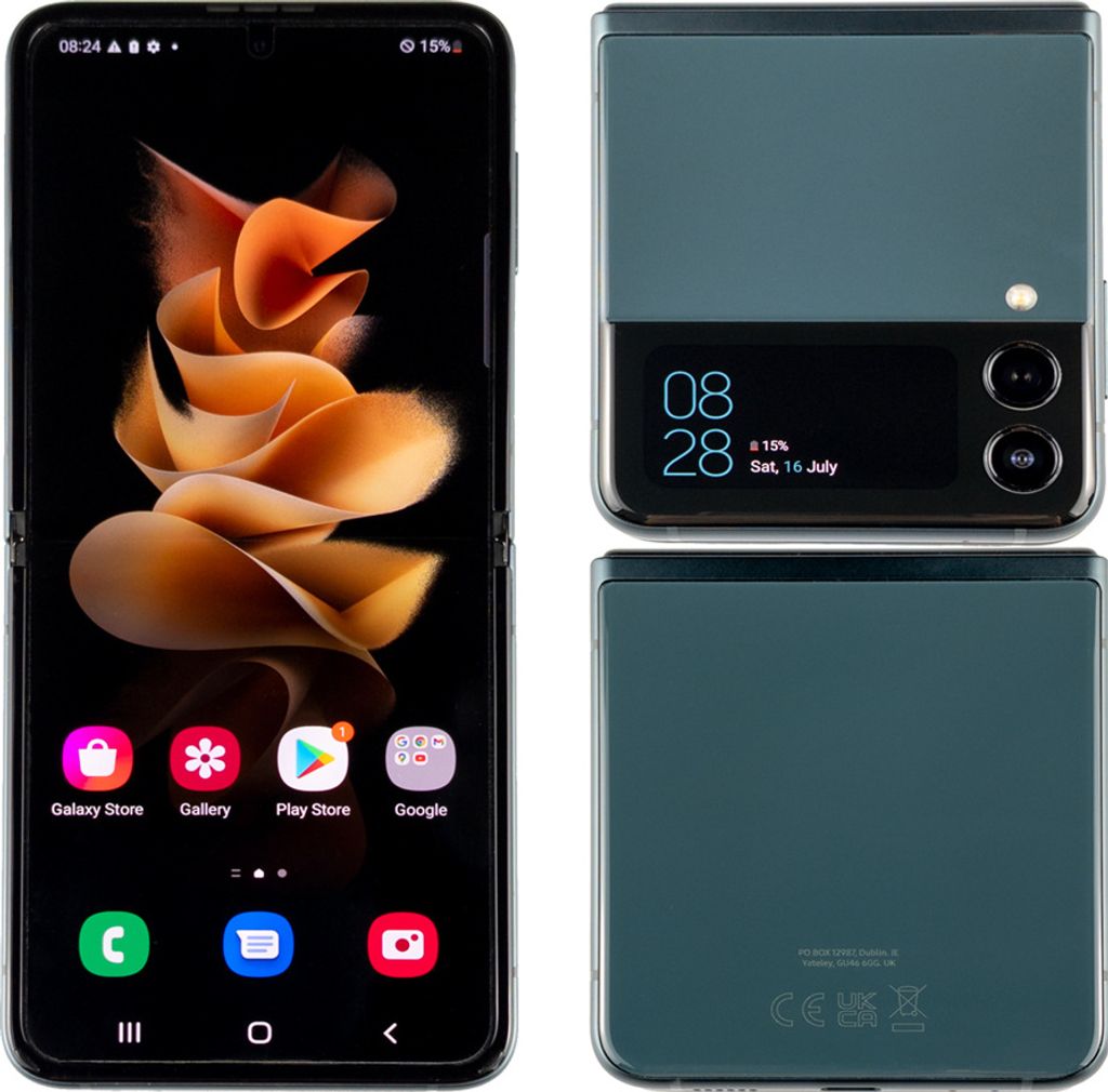 A collage showing the front, folded front, and folded back of a green Samsung Galaxy Z Flip3 5G smartphone.