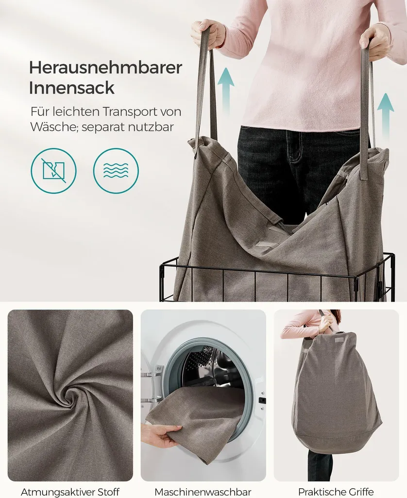 Corbeille à linge pliante 90 litres design noir-camel en métal rigide - 5
