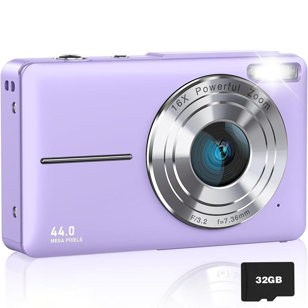 AIORBER Digitalkamera 44MP mit 16X Zoom, 2,4" Display, Anti-Shake, Selfie, Video, 32GB Speicherkarte, Kompaktkamera für Kinder, Lila