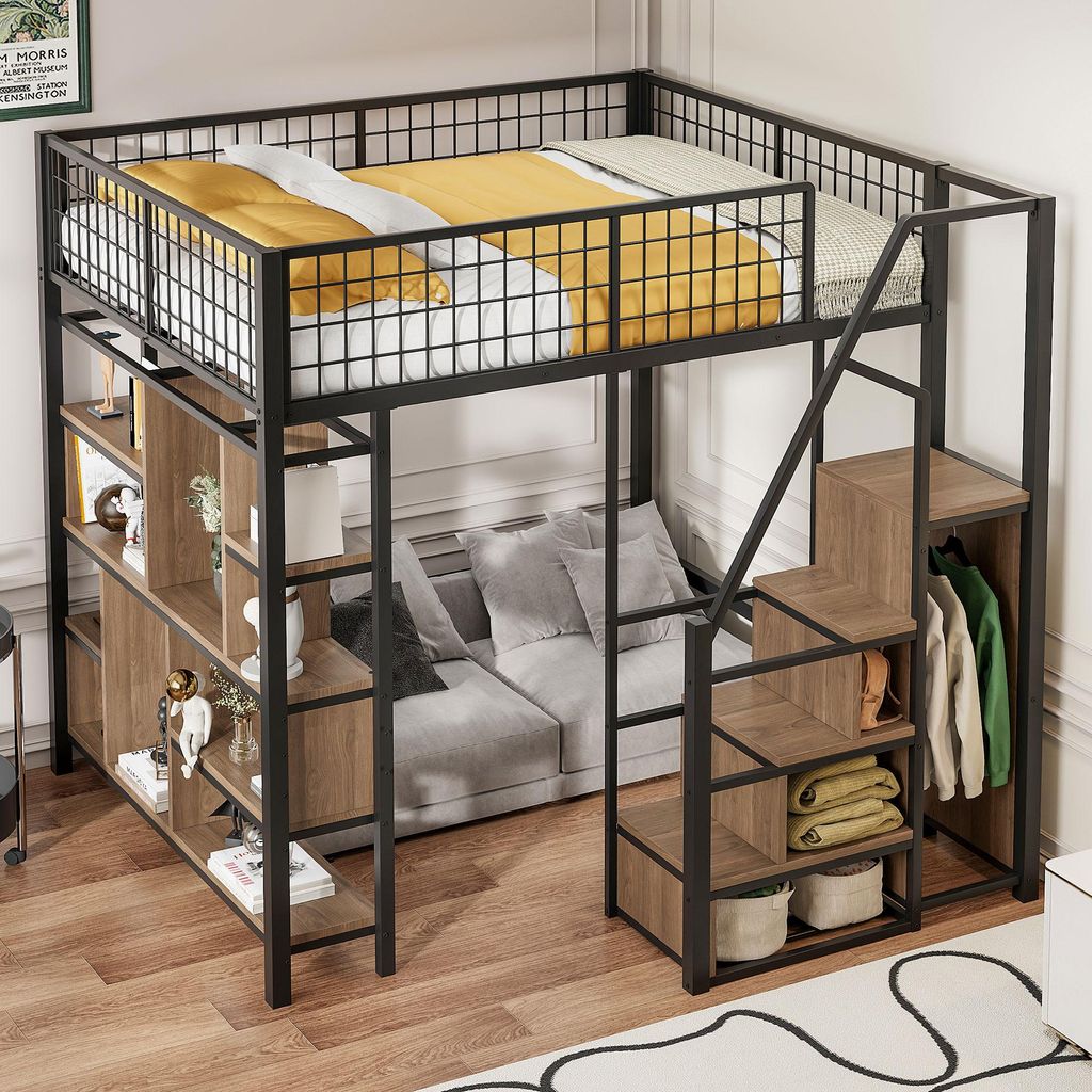 Sweiko Multifunktionales Hochbett 140 x 200 cm, Metallbett mit Stauraum, Ablageflächen und Treppe, Erwachsenenbett und Kinderbett, Schwarz,