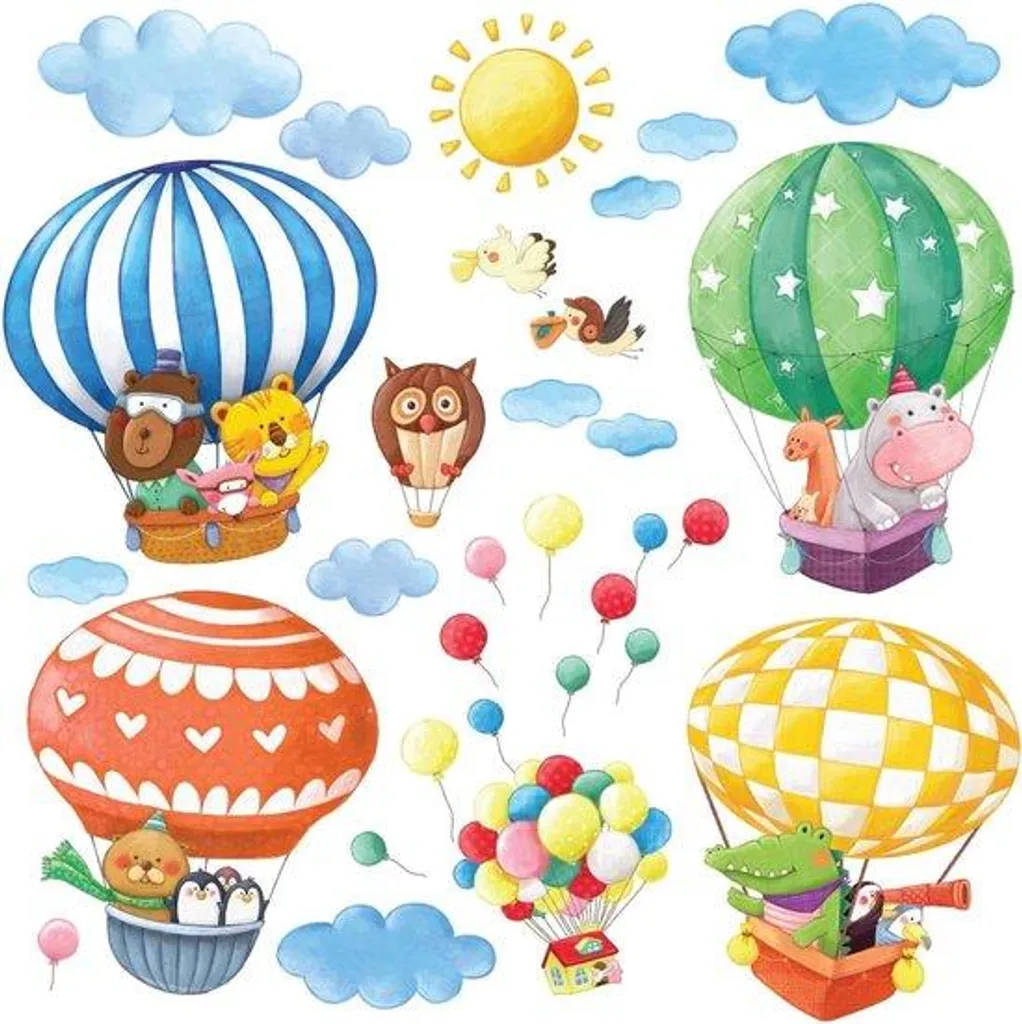 Stickers chambre bébé montgolfières et animaux déco murale repositionnable