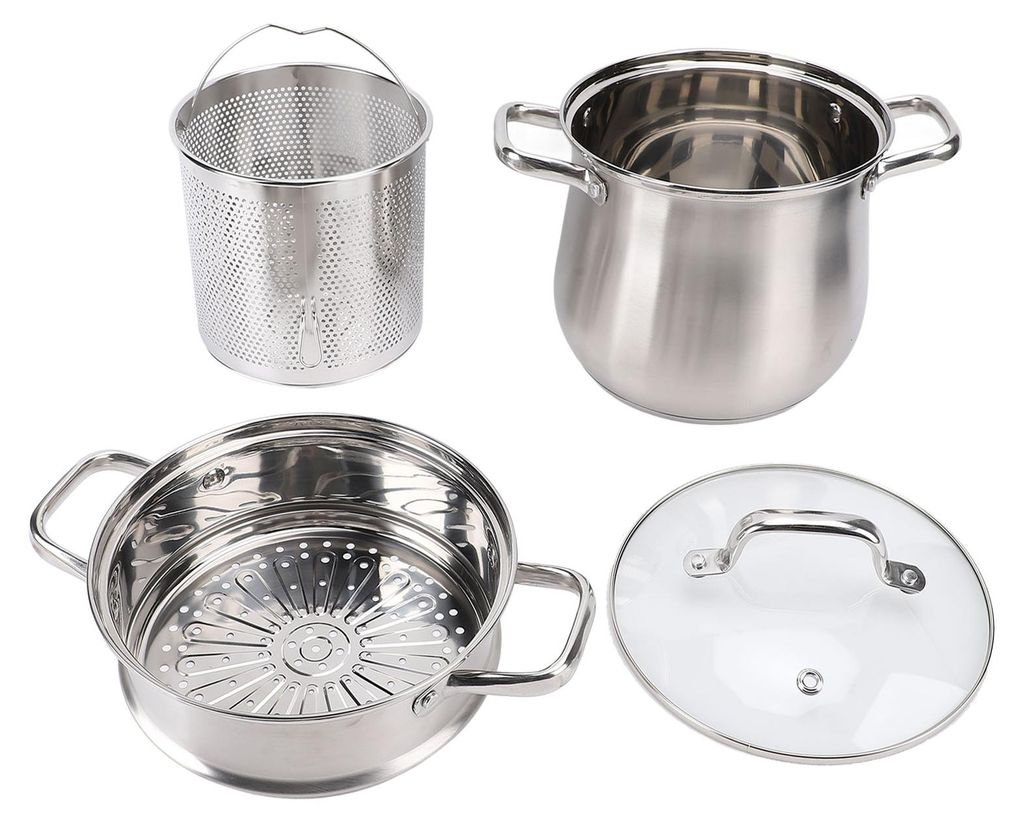 Suppentopf mit Anti-Verbrühungs-Griffen, verdickter Verbundboden, Edelstahl-Suppe mit Deckel, Dampfkorb für die Küche, Set 1