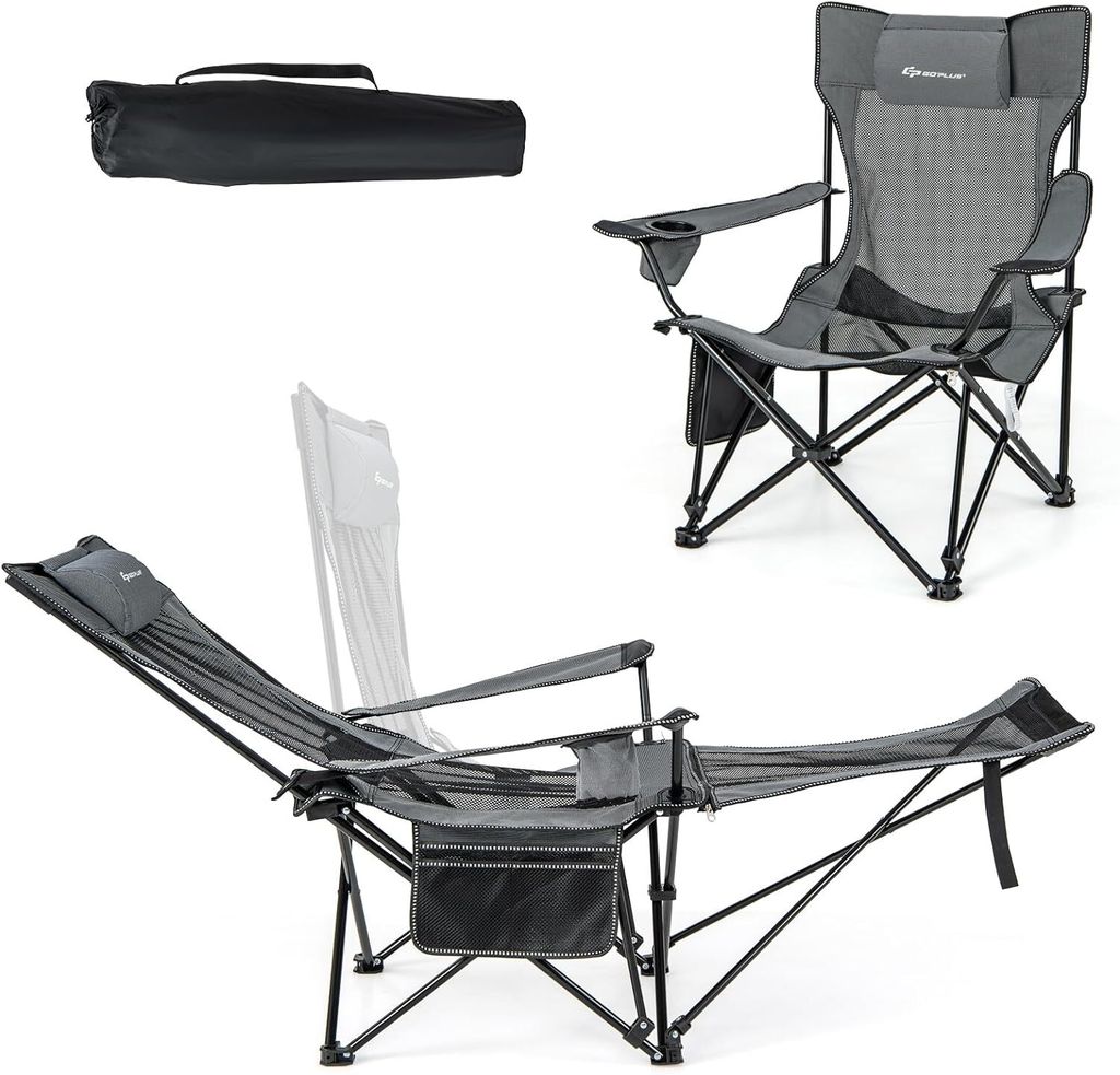 GOPLUS 2 in 1 Campingstuhl faltbar, Angelstuhl mit Abnehmbarer Fußstütze als Campingliege, bis 150 kg mit Verstellbarer Rückenlehne (Grau)