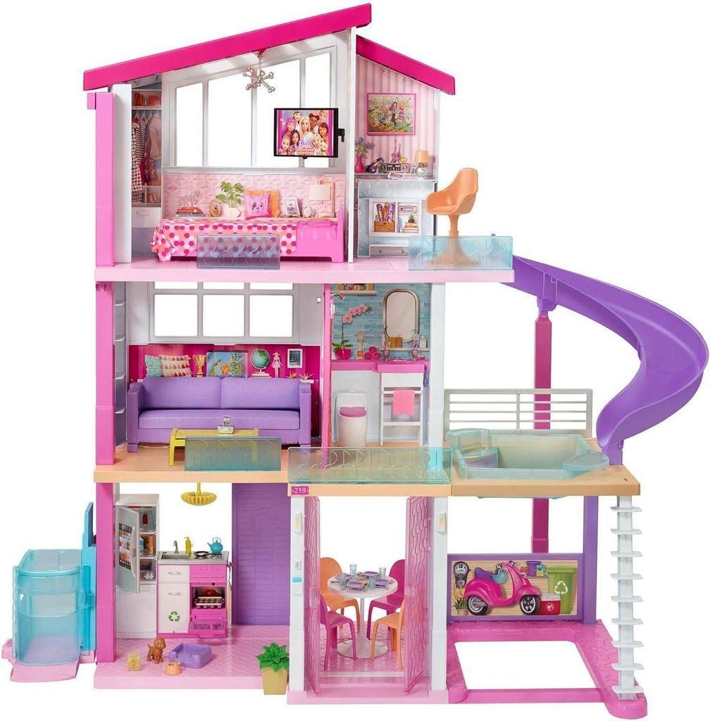 Barbie Puppenhaus Dream House, 3-stöckiges Puppenhaus mit 8 Zimmern, Barbie-Pool (Dreamhouse, Puppen Haus, Puppenhäuser, Set, mit Rutsche 70 -tlg