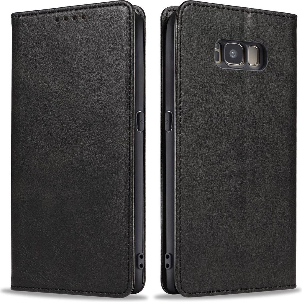 A black leather flip case for a Samsung Galaxy S8 phone is shown from two angles.