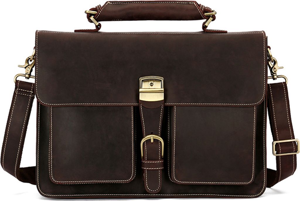 OKWISH Aktentasche Leder 15,6 Zoll Laptoptasche Business Umhängetasche Große Arbeitstasche Vintage Ledertasche mit Dreifachtrenner dunkelbraun