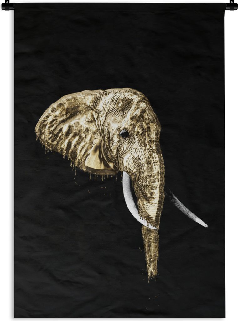 MuchoWow Wandteppich Wandbehang Elefant - Schwarz - Gold 60x90 cm Tapisserie Dekoration Wandtuch - Foto-Teppich - Abwaschbar
