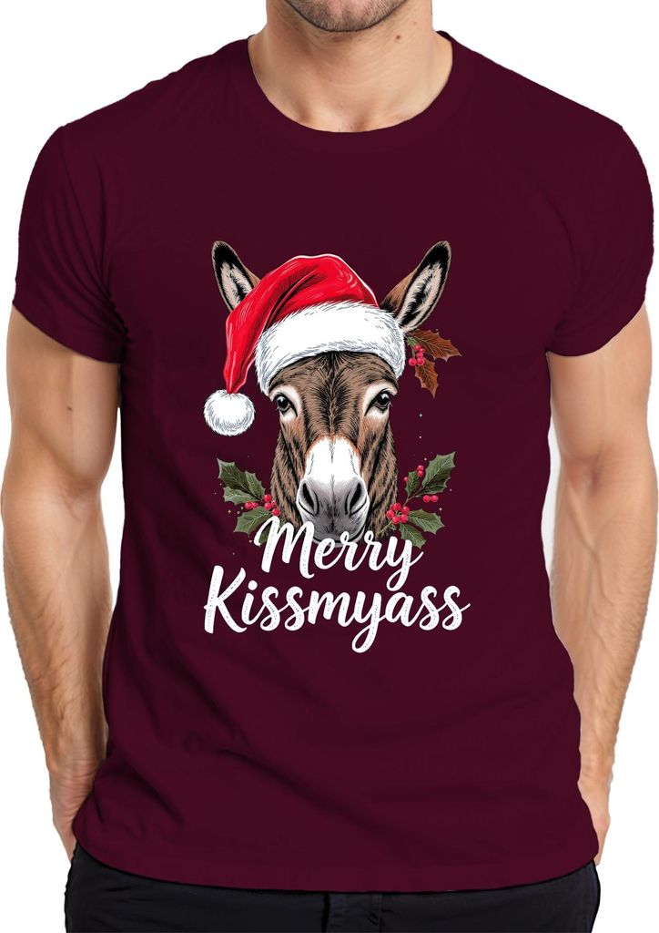 Merry Kissmyass lustiger Esel Weihnachtsesel Weihnachtsmütze Herren T-Shirt, Burgundy, L