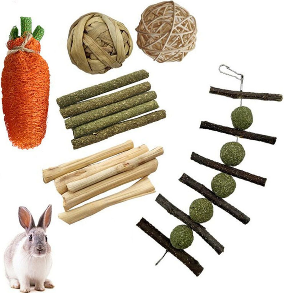 6PCS Nagetier Kauspielzeug Set, Bunny Leckerbissen Und Ball Timothy Heu Stick Spielzeug Für Kaninchen Bunny Meerschweinchen Chinchilla Hamster