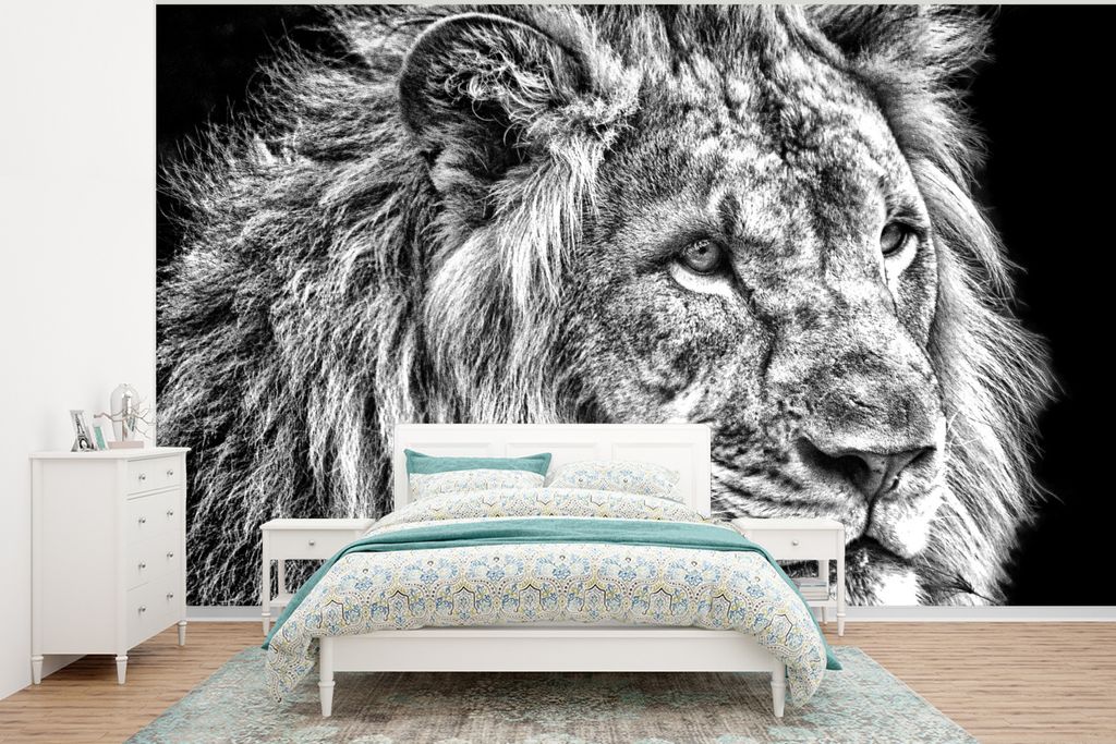 MuchoWow Fototapete für Wohnzimmer oder Schlafzimmer Wandtapete Vinyl Motivtapete Porträt - Löwe - Schwarz und weiß - 400x300 cm - Papiertapeten