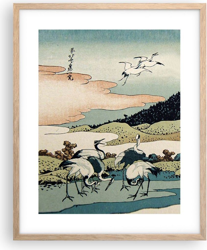 Gerahmtes Poster - Rahmen in heller Eiche - Japan Kraniche Bild - 40x50 cm - Wand Bild - Wanddeko - Wandbilder - Kunstposter - Wandposter - Bilderr...