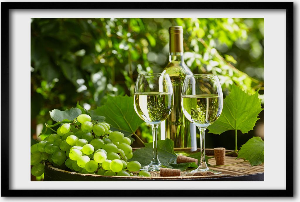 Bild 60x40 MDF-Rahmen, Wandkunst Weißwein und Obst